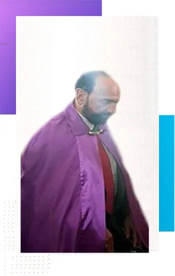 Stewart A. Swerdlow wearing purple ceremonial robes within a purple-and-blue graphic frame
